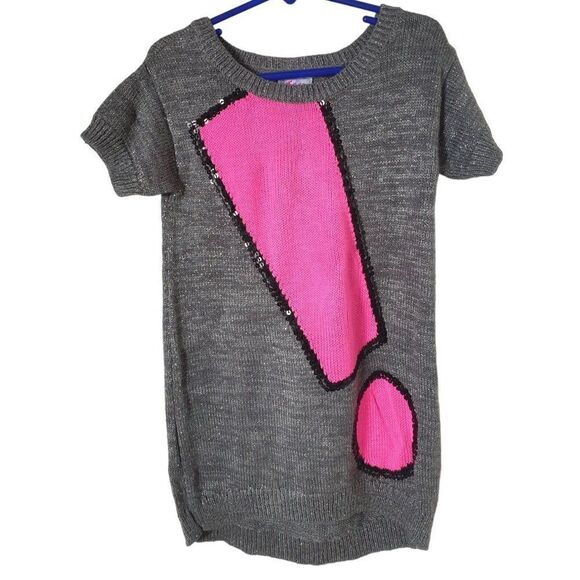 Justice Girls Sweater Dress 7 Black Sequin Hot Pink Exclamation Shirt 7 NWOT - Picture 3 of 6